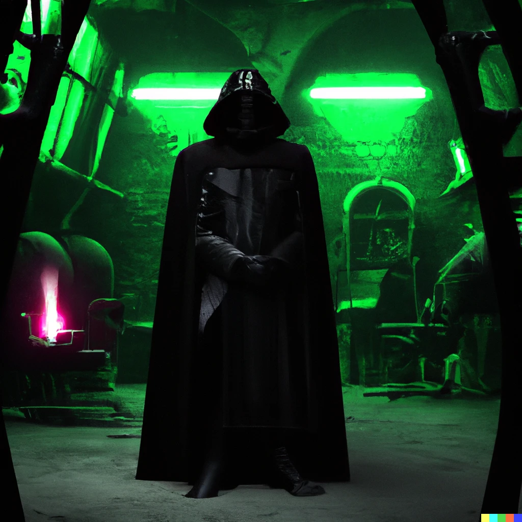Prompt: photo of a darth vader in the slytherin dungeon