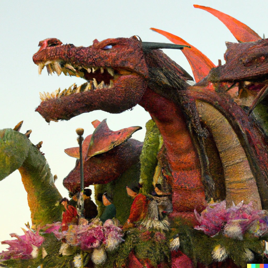Prompt: a color photo of tiamat 5-headed dragon themed float during the rose parade