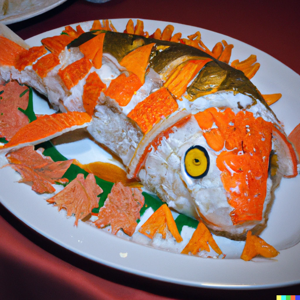 Prompt: a platter of sushi made to look like a stylized japanese carp