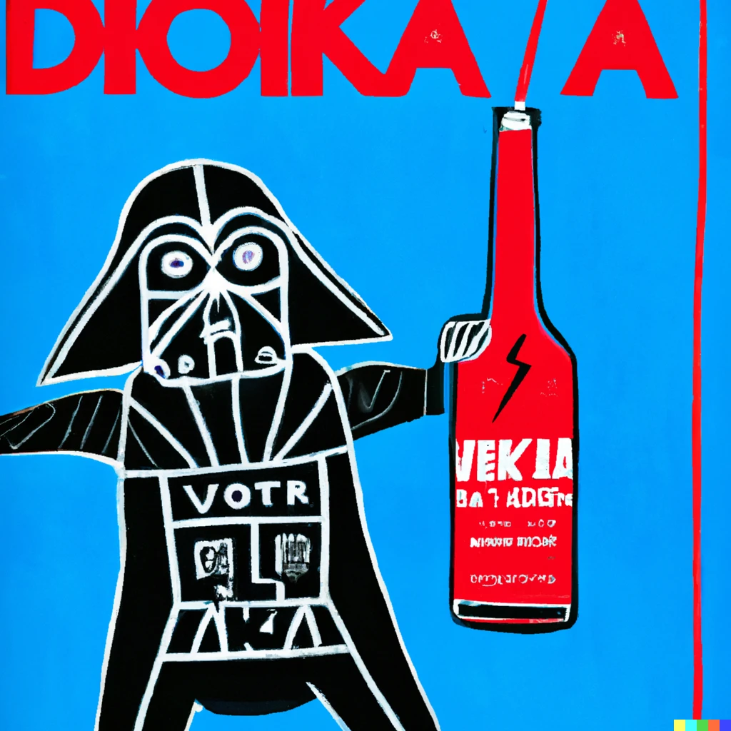 Prompt: illustrated advertisement by keith haring with darth vader for “vader vodka”