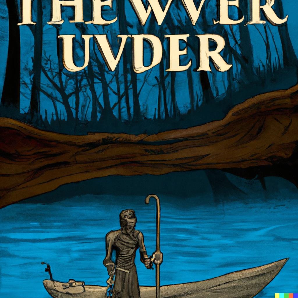Prompt: vintage travel poster for the underworld  river styx with a cloaked skeleton guiding his boat