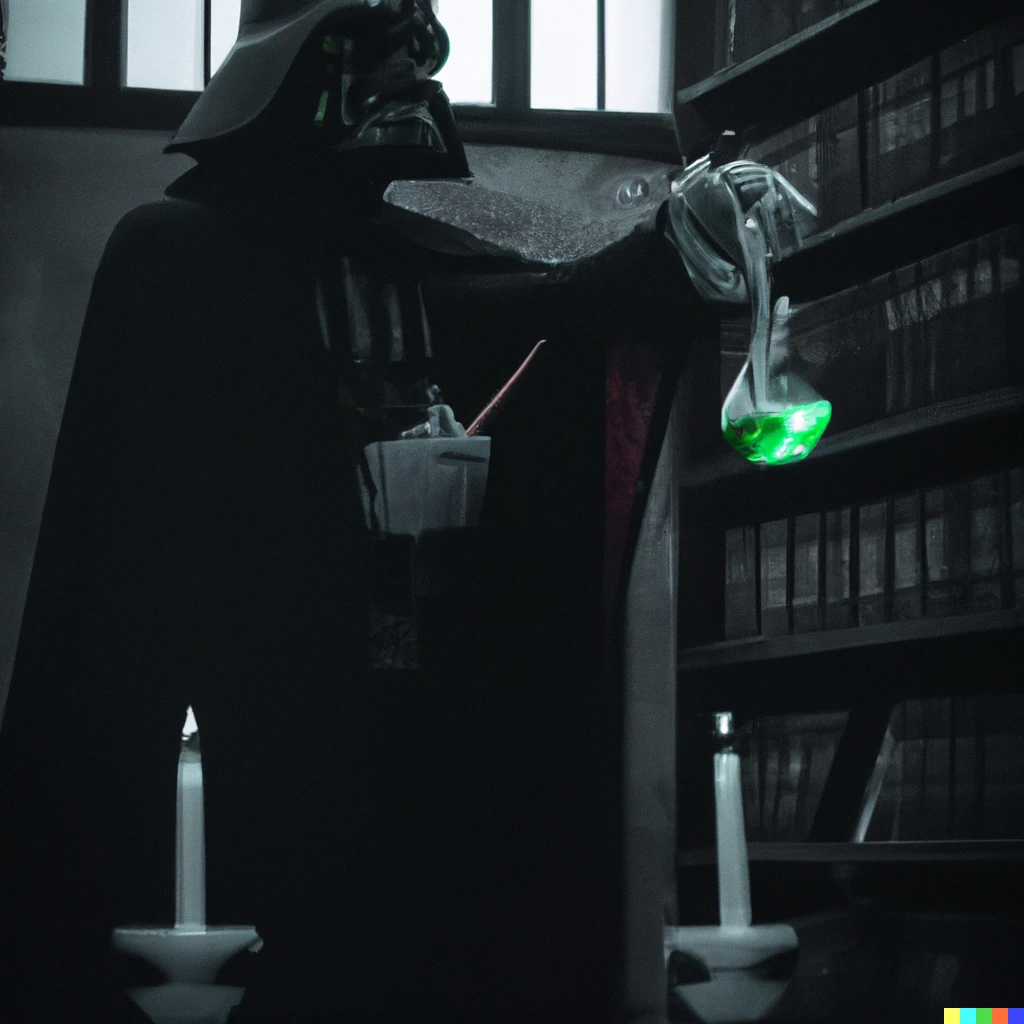 Prompt: photo of a darth vader, the potions professor, in the slytherin dungeon