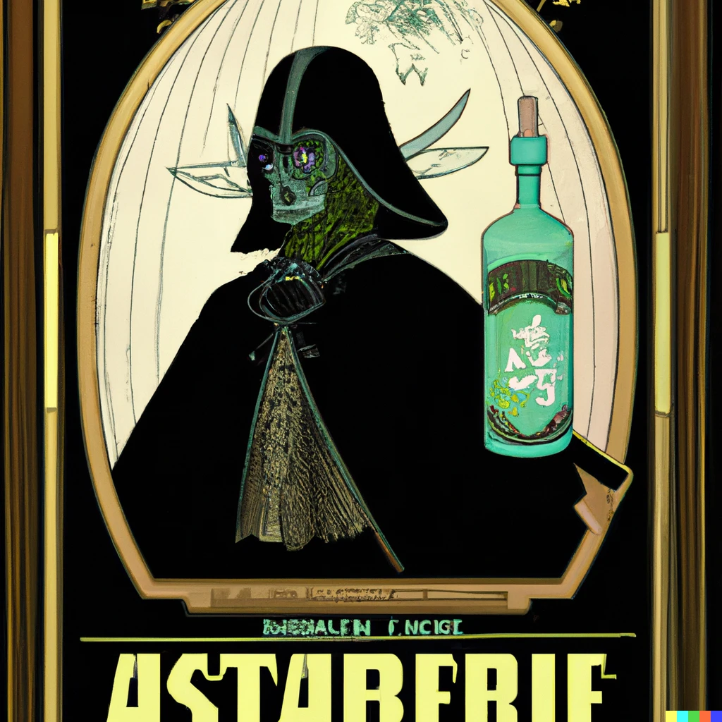 Prompt: art nouveau absinthe ad illustration featuring Darth Vader
