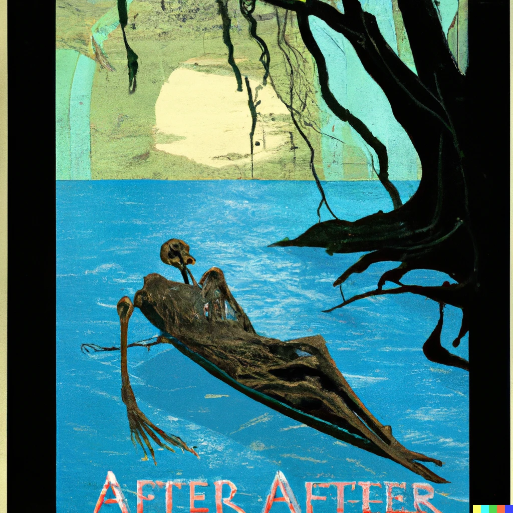 Prompt: art nouveau travel poster for the afterlife  river styx with a cloaked skeleton guiding his boat