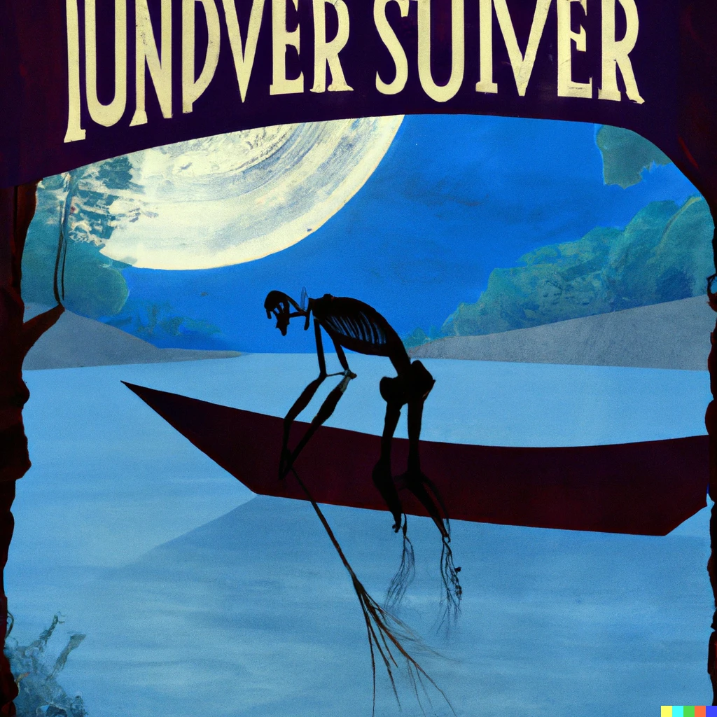 Prompt: art nouveau travel poster for the underworld  river styx with a cloaked skeleton guiding his boat