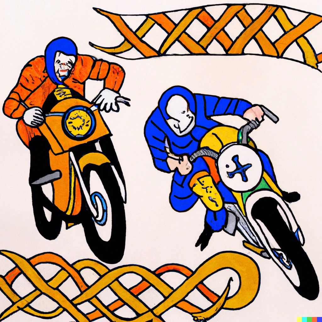 Prompt: an illustration of motorcycle racing from “the book of kells”