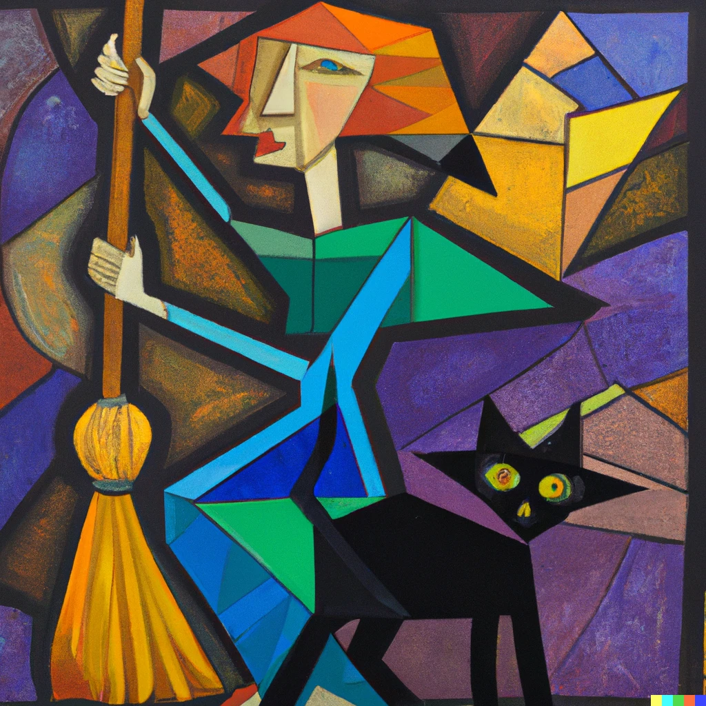 Prompt: cubist painting of a young witch riding a broom with her black cat