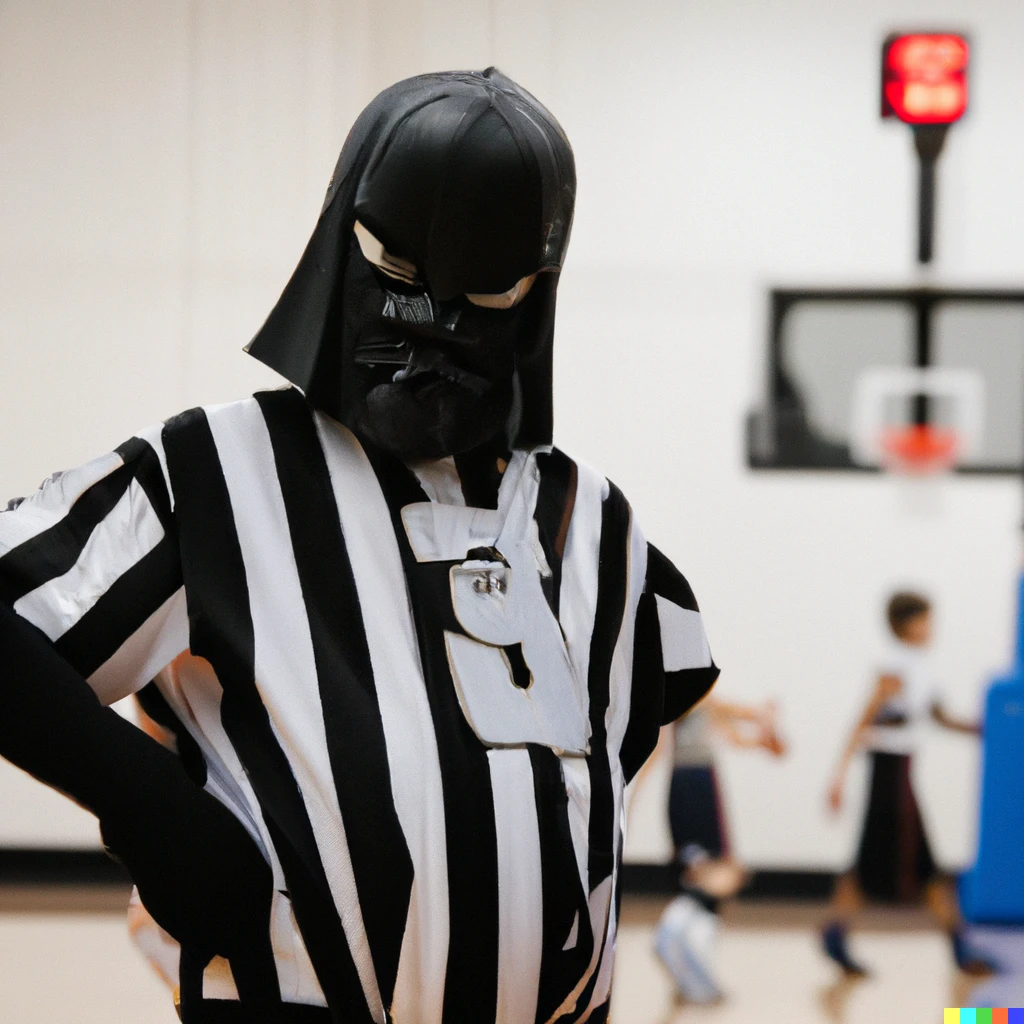 Prompt: photo of darth vader in a striped referee jersey at a kids’ basketball game, facing the camera