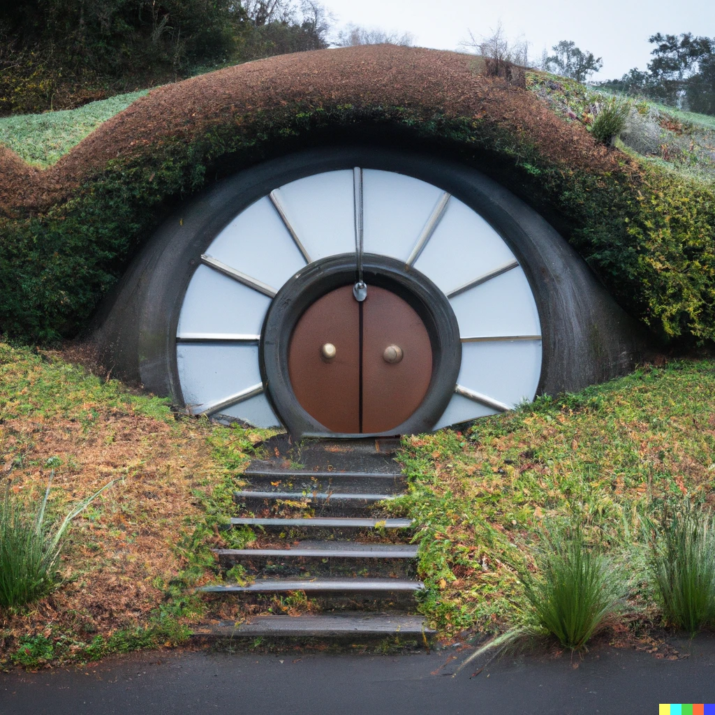 Prompt: modernist Hobbit dojo with a round door built into a hillside