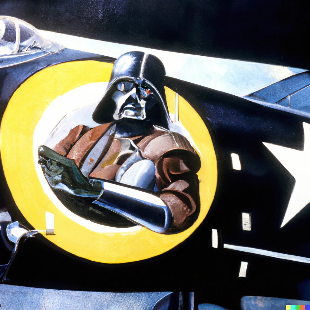 Prompt: 1944 color photo of painting of Darth Vader on a B-25 bomber