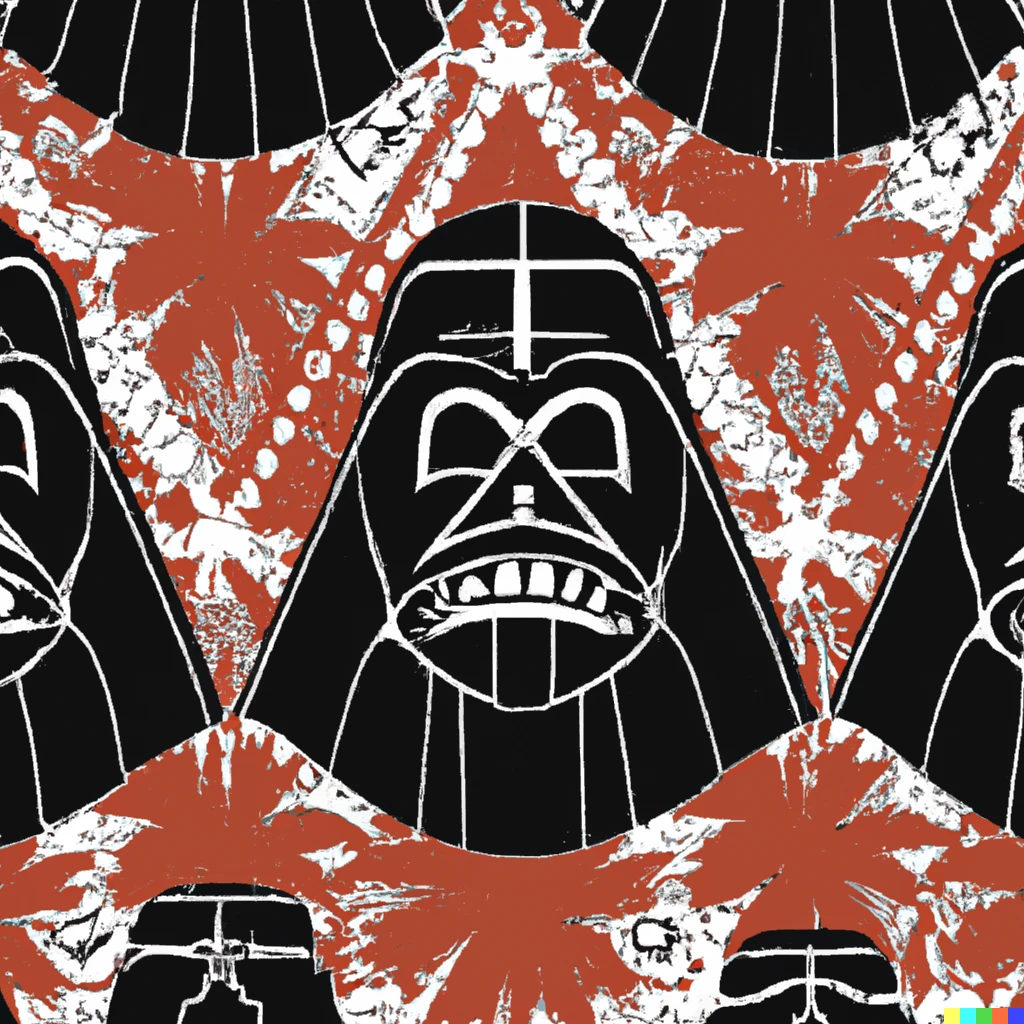 Prompt: hawaiian fabric pattern with the theme of tiki darth vader