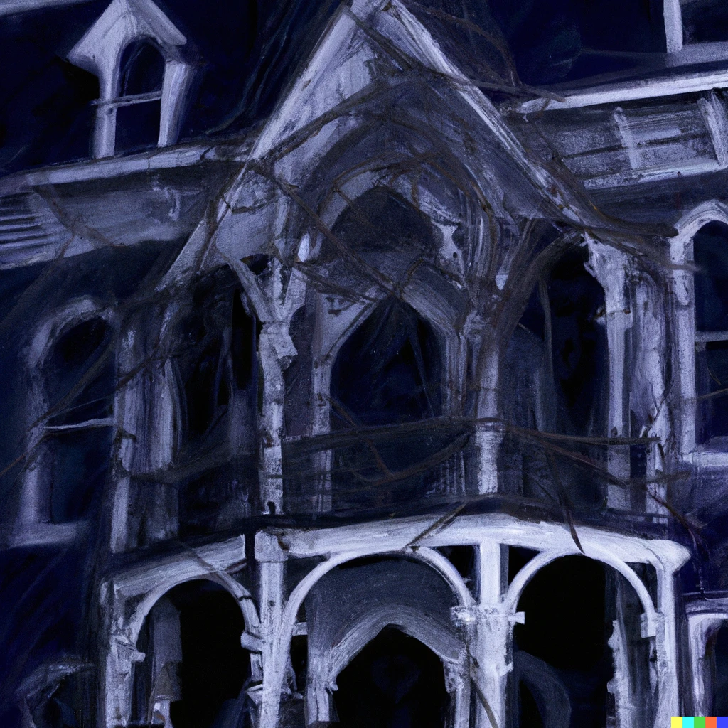 Prompt: a haunting digital art of a southern gothic mansion at night being choked by tentacle vines