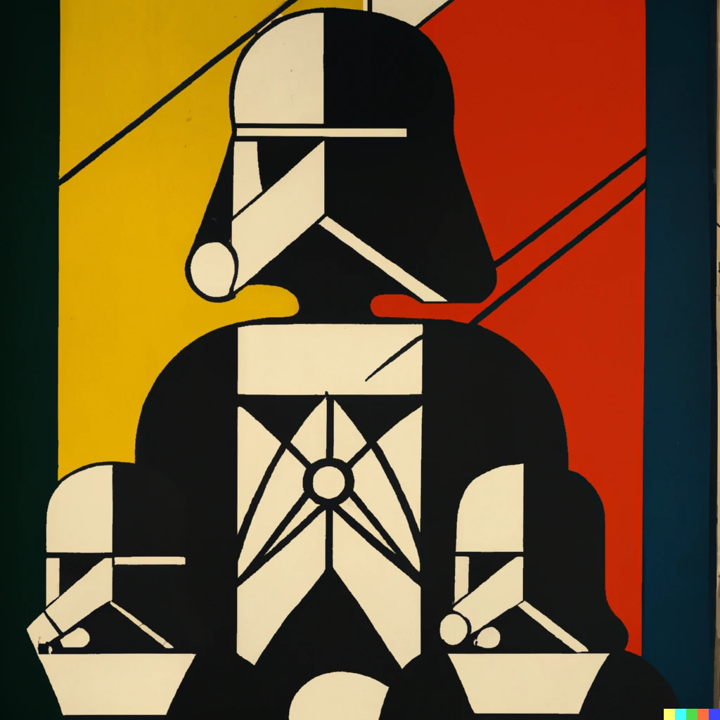 Prompt: bauhaus painting of darth vader and stormtroopers