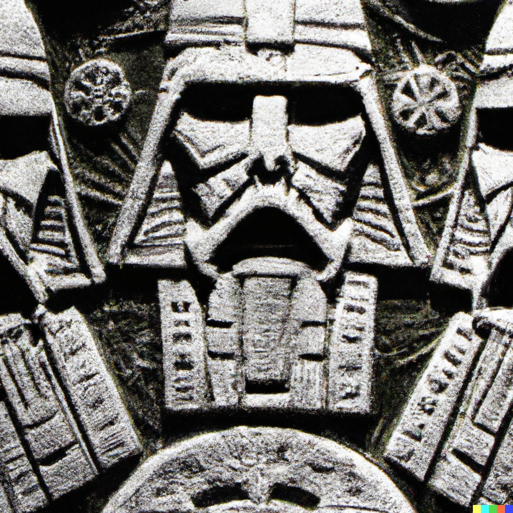 Prompt: aztec carving of darth vader flanked by stormtroopers