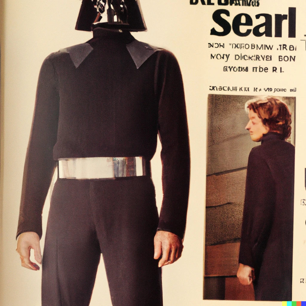 Prompt: photo of a 1978 Sears catalog with Darth Vader men’s fashion