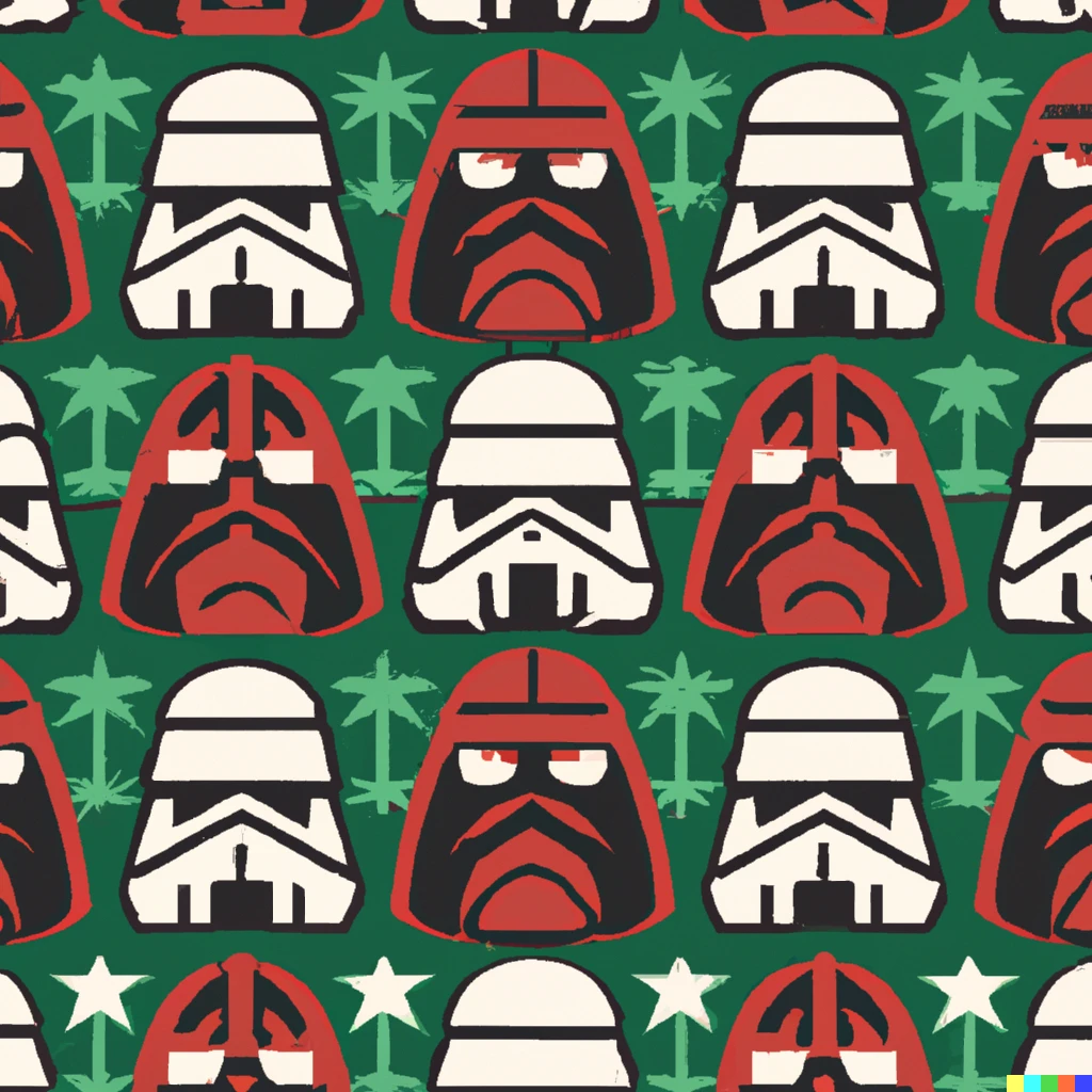 Prompt:  fabric pattern with the theme of tiki darth vader and tiki stormtroopers