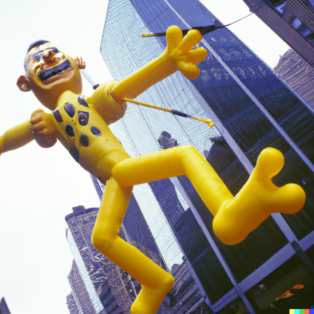 Prompt: a photo of a skyscraper-sized inflated skeletal yellow githyanki with a sword "fiend folio" balloon float in the macy's thanksgiving parade