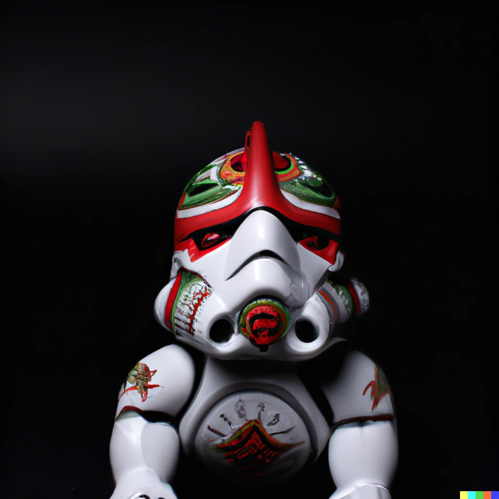 Prompt: photo of a stormtrooper alebrije against a dark backdrop