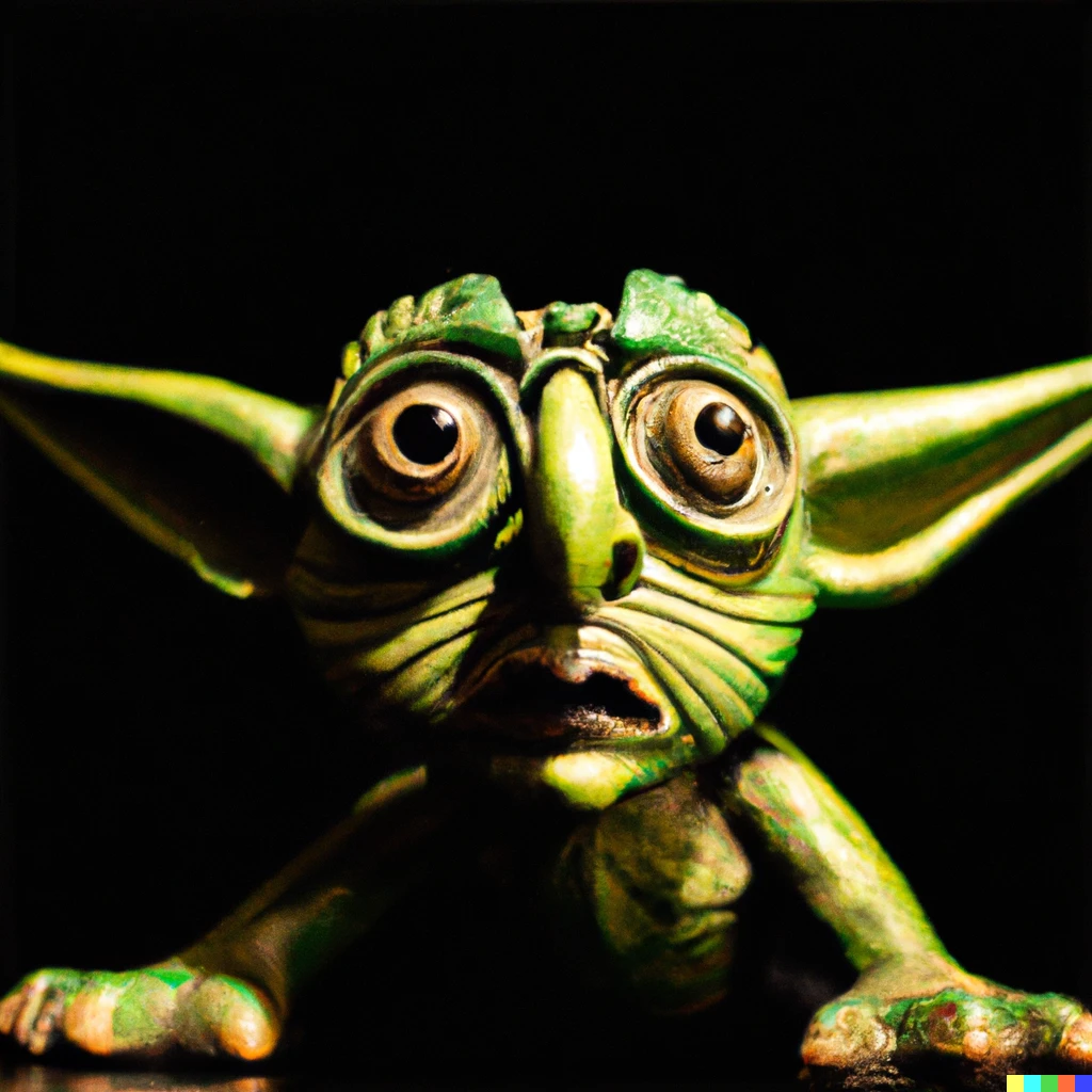 Prompt: photo of a large-eyed, wrinkled green yoda alebrije against a dark backdrop
