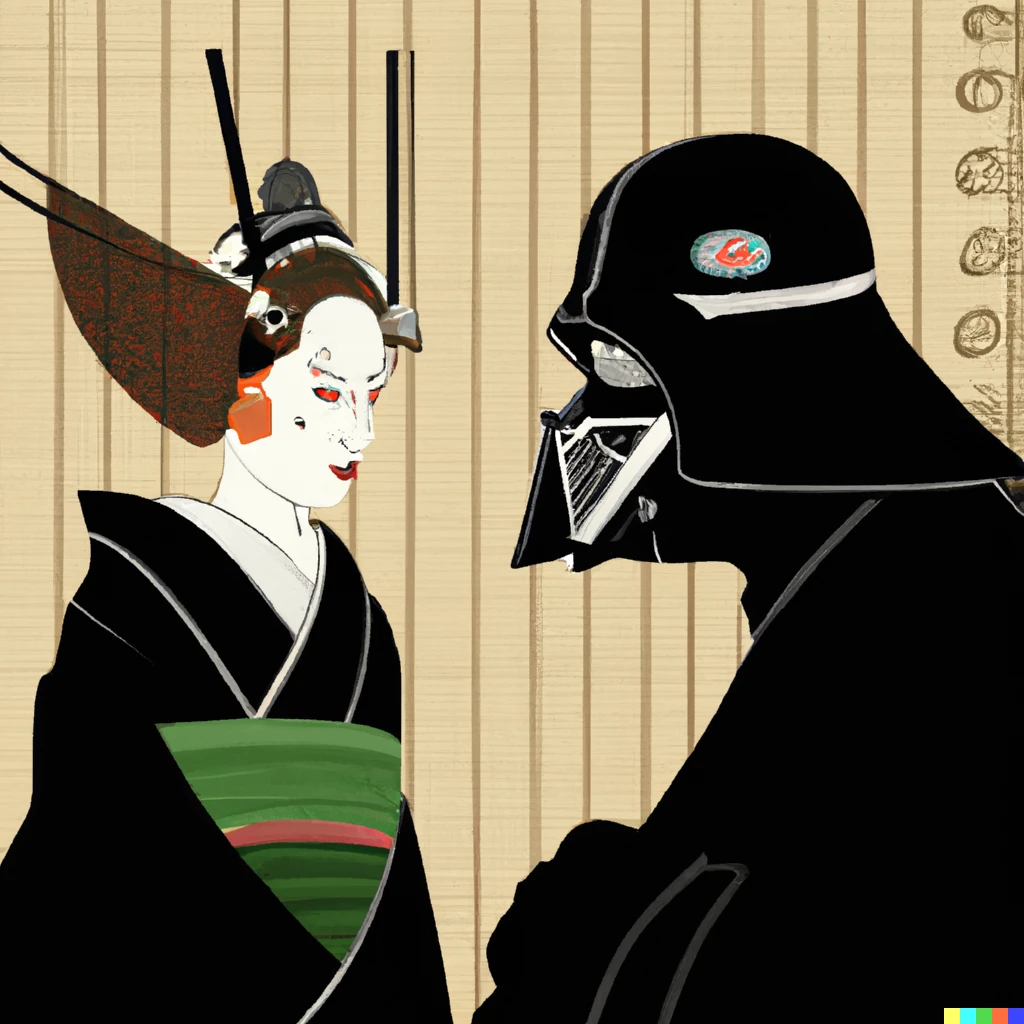 Prompt: ukiyo-e darth vader in black kabuto and mask interrogating princess leia