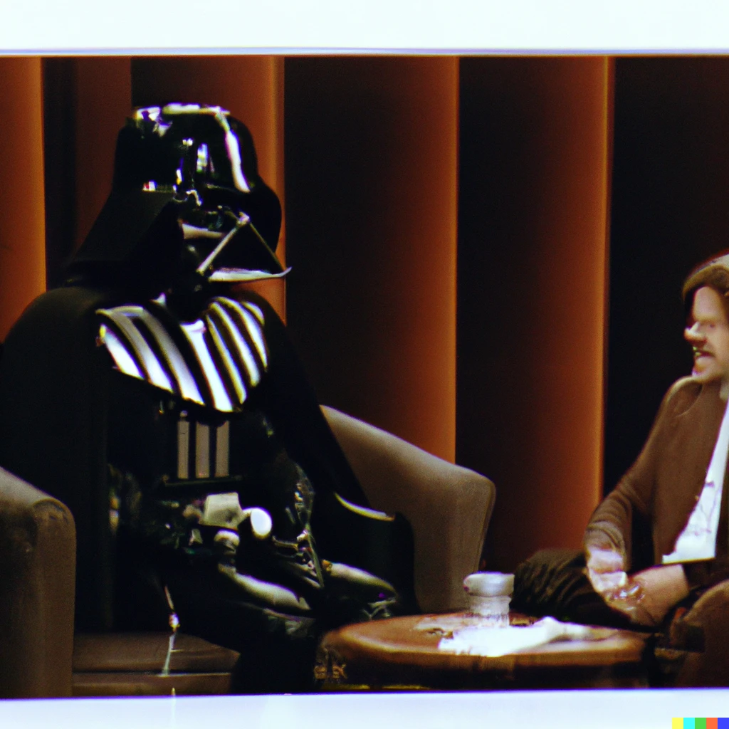 Prompt: photo of Darth Vader guest appearance on 1975 episode of “The Cavett Show”