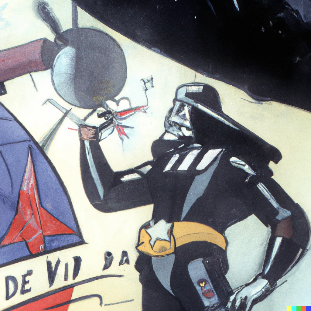 Prompt: 1944 color photo of pin-up art of Darth Vader on a B-25 bomber