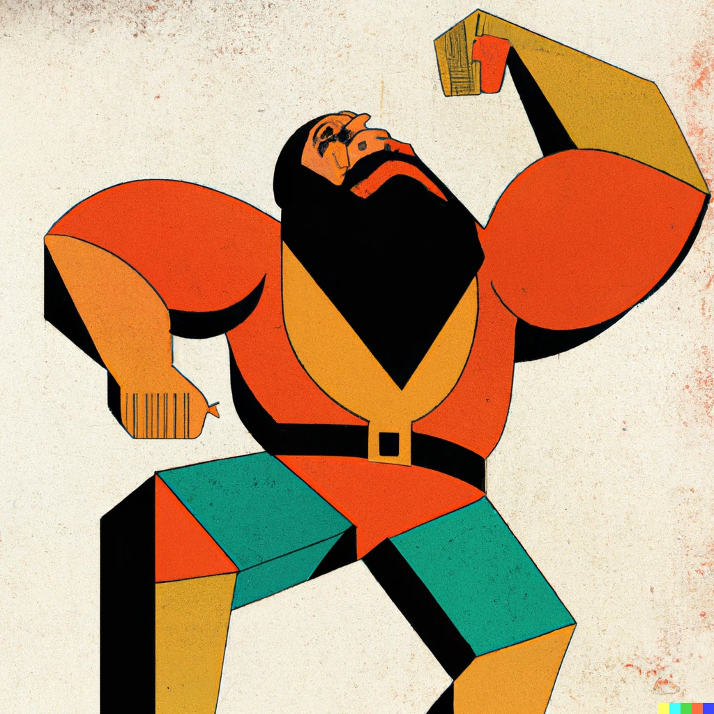 Prompt: bauhaus painting of a bearded muscular dwarf warrior with fists raised