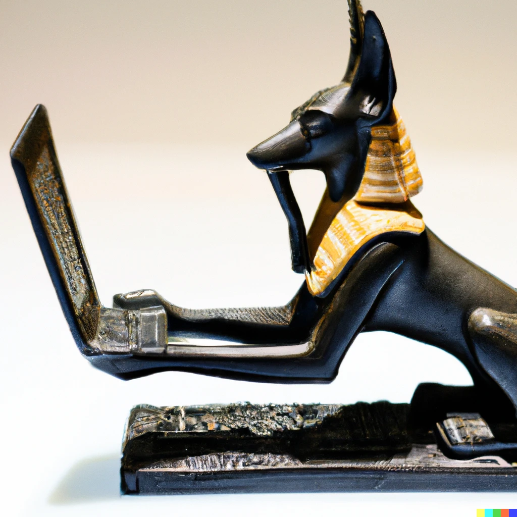 Prompt: photo of ancient egyptian sculpture of anubis using a laptop