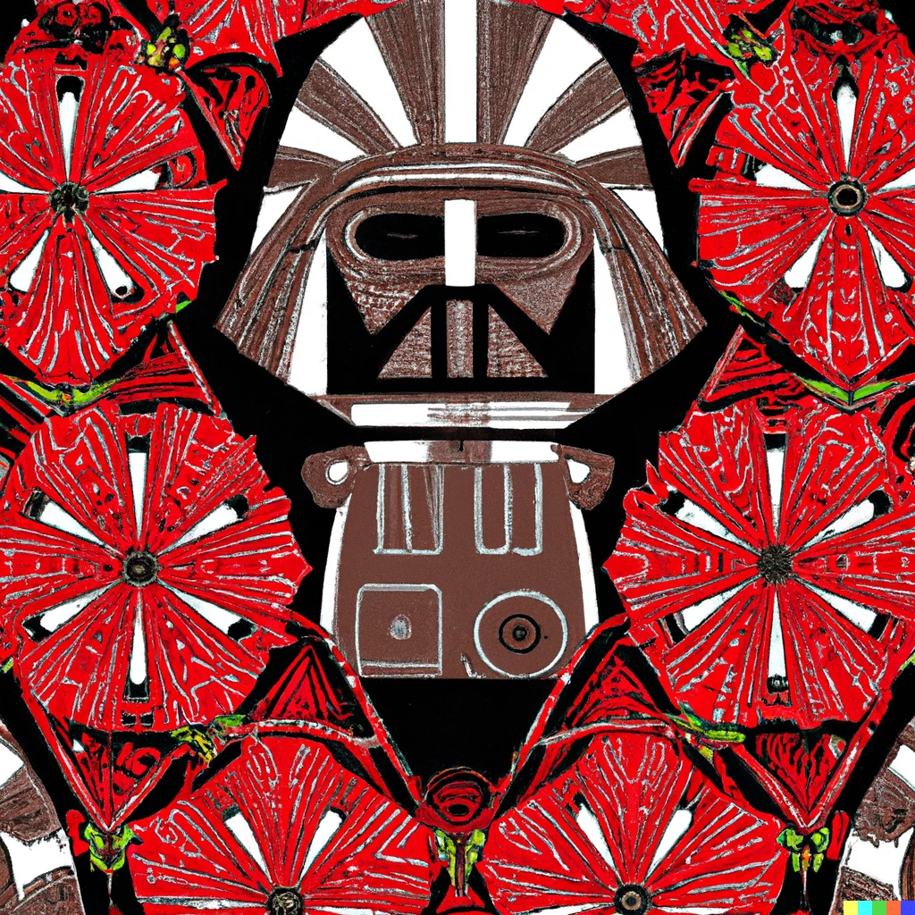 Prompt: complex fabric pattern with the theme of tiki darth vader