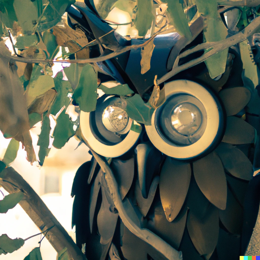 Prompt: photo of a mechanical robot owl in a greek tree