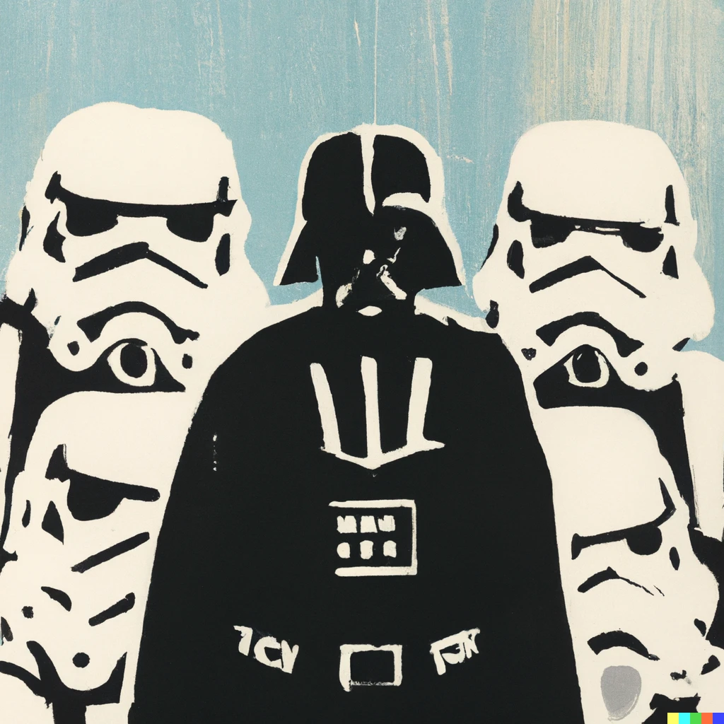 Prompt: painting by andy warhol of darth vader and stormtroopers