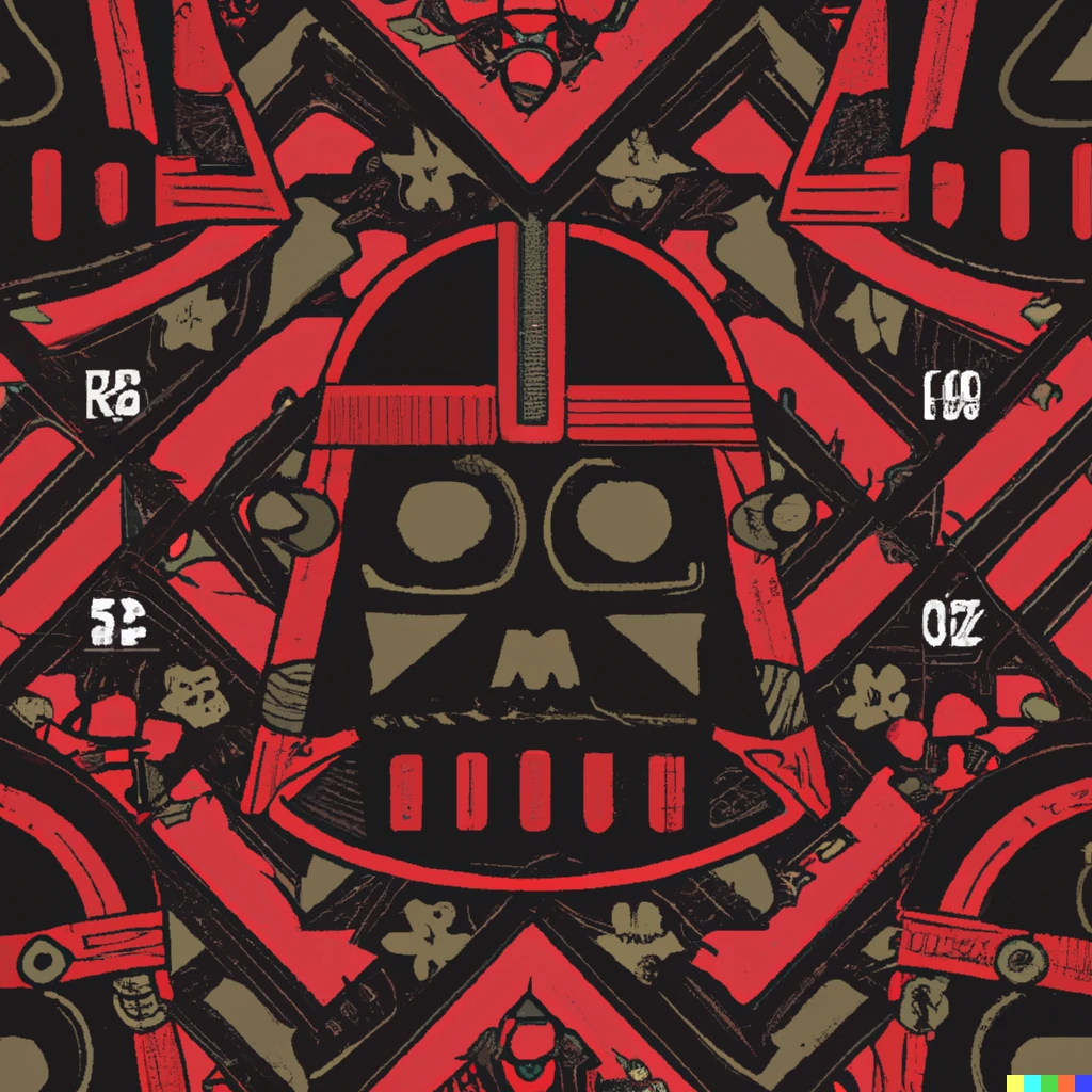 Prompt: complex fabric pattern with the theme of tiki darth vader