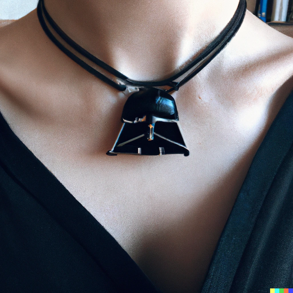 Prompt: photo of a jewelry choker of darth vader on a woman’s neck