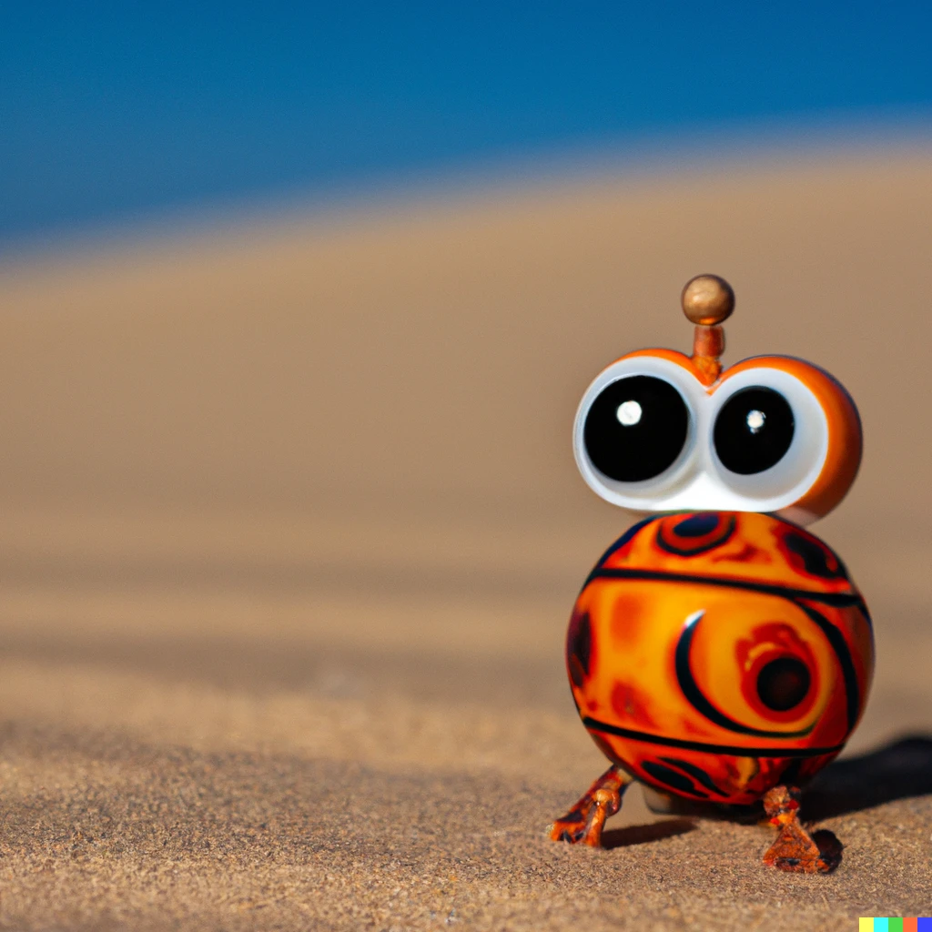 Prompt: photo of a one-eyed orange and white bb8 alebrije on a barren sand dune