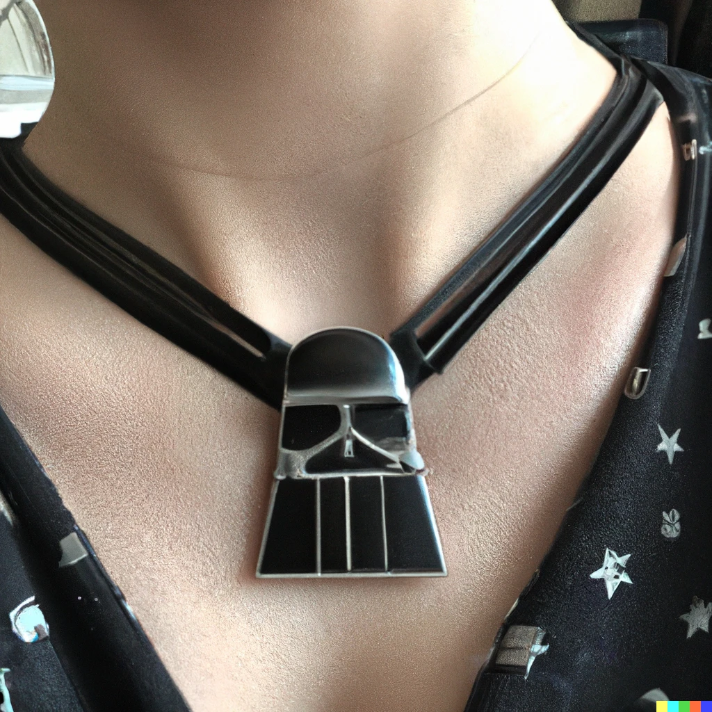 Prompt: photo of a jewelry choker of darth vader on a woman’s neck
