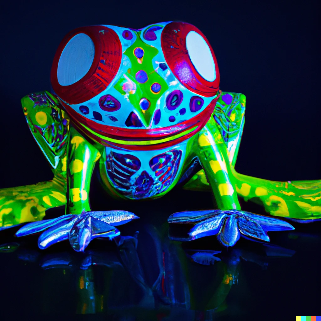 Prompt: photo of a colorful frog humanoid alebrije