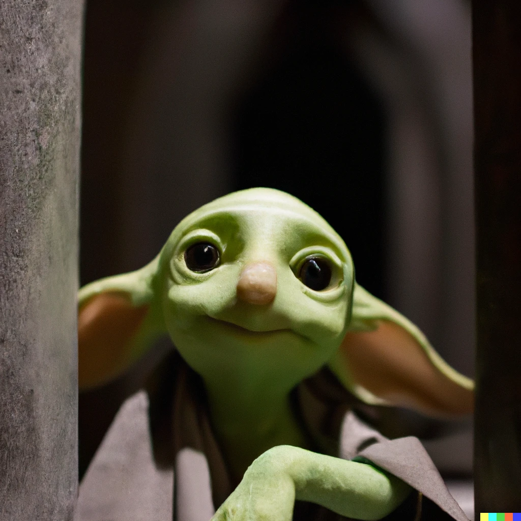Prompt: photo of a yoda-like, green-skinned dobby in the hogwarts dungeon
