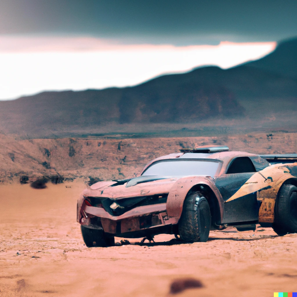 Prompt: A photo of a camaro, augmented with armor and a turret, racing through the desert