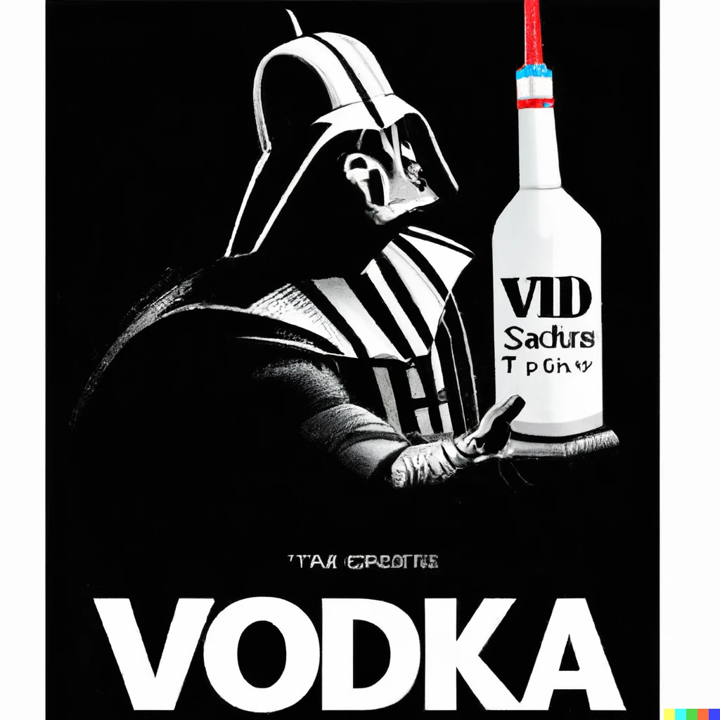 Prompt: illustrated advertisement by banksy with darth vader for “vader vodka”