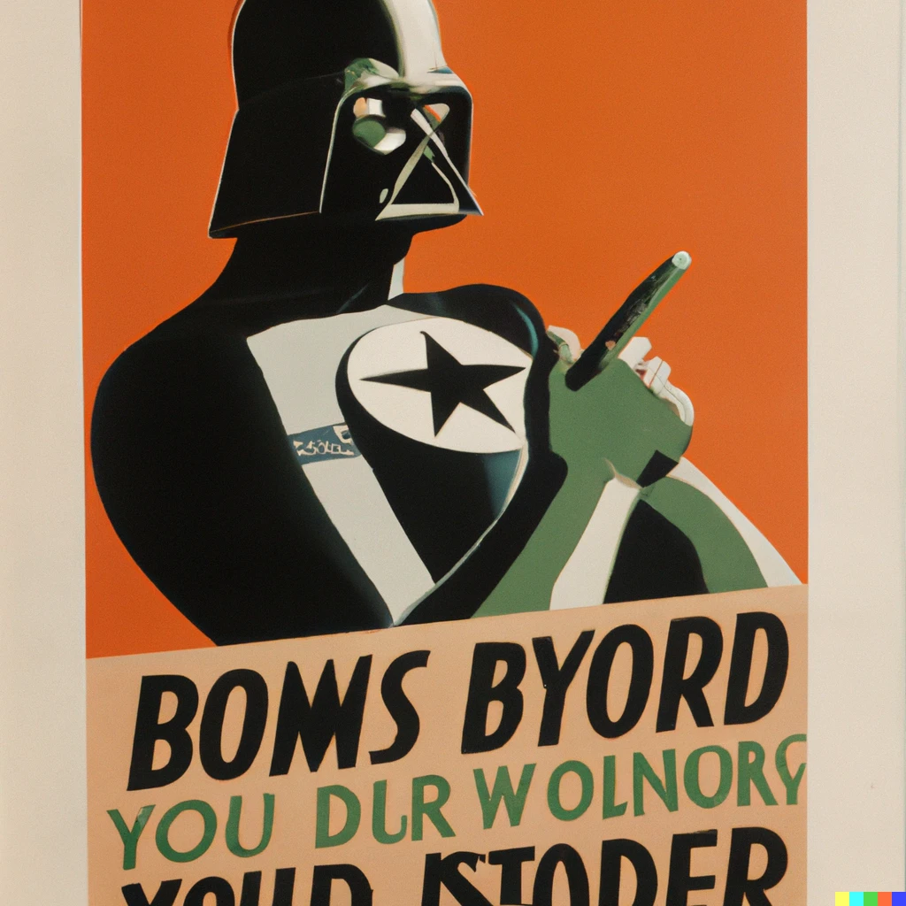 Prompt: 1944 color photo of painting of Darth Vader “buy bonds” propaganda poster