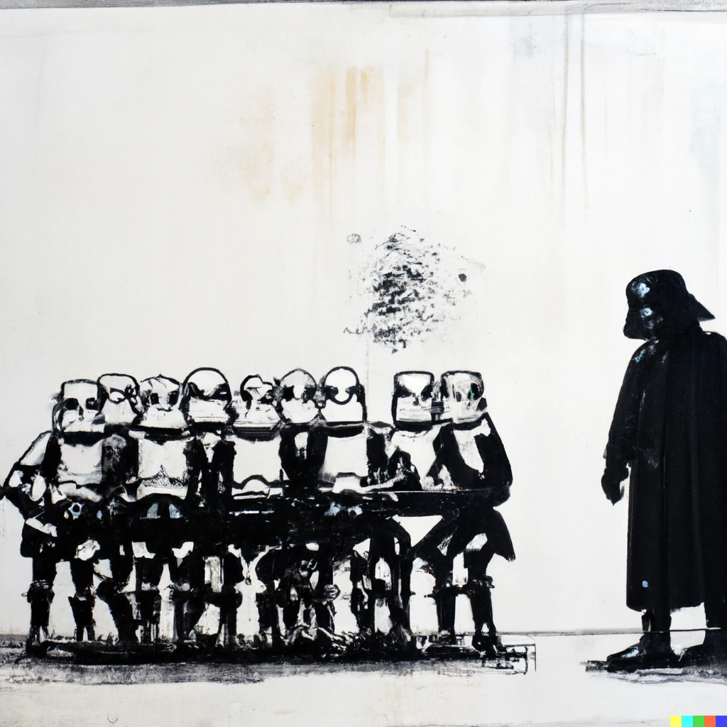Prompt: painting by banksy of darth vader and stormtroopers