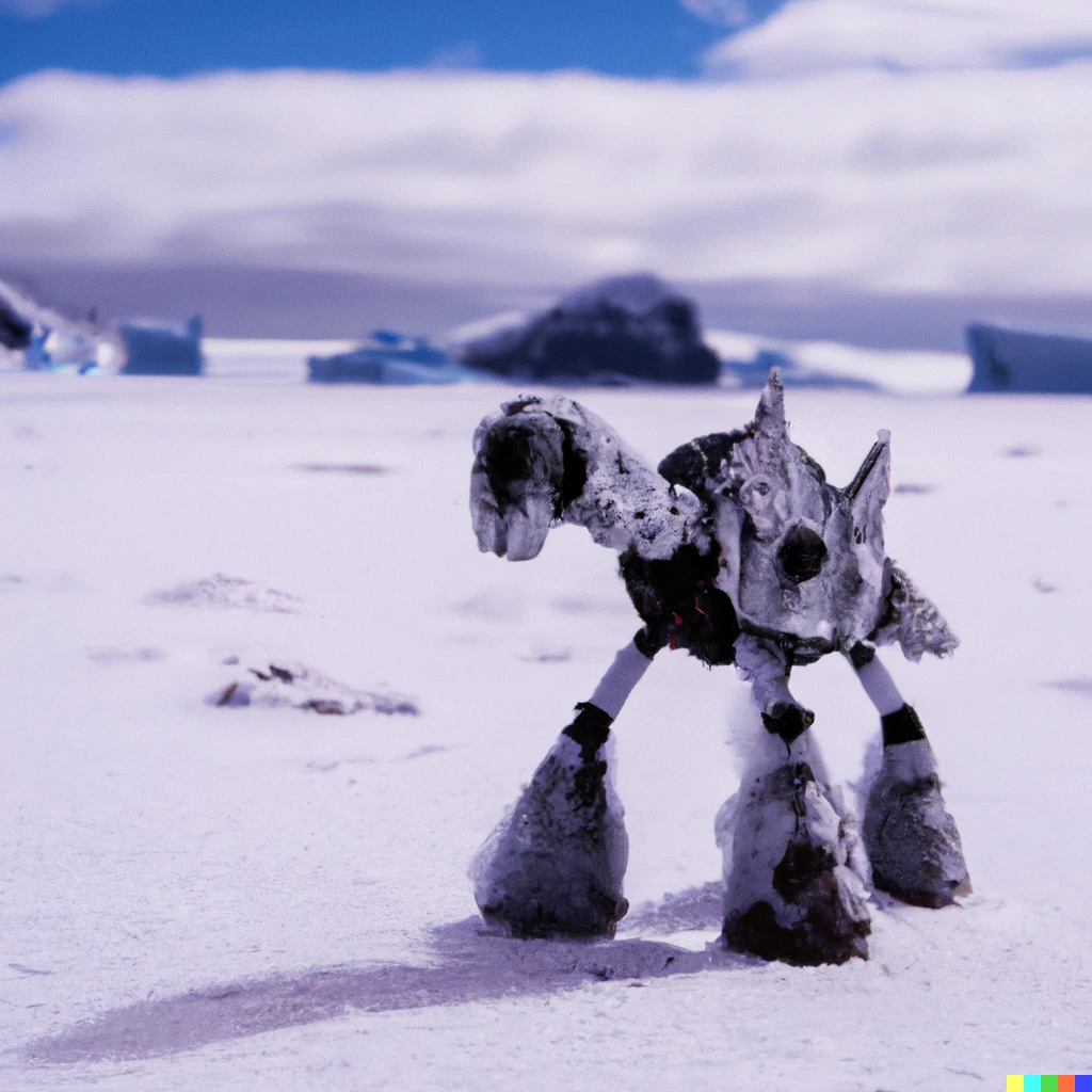 Prompt: close-up photo of an at-at alebrije on a frozen plain in Antarctica