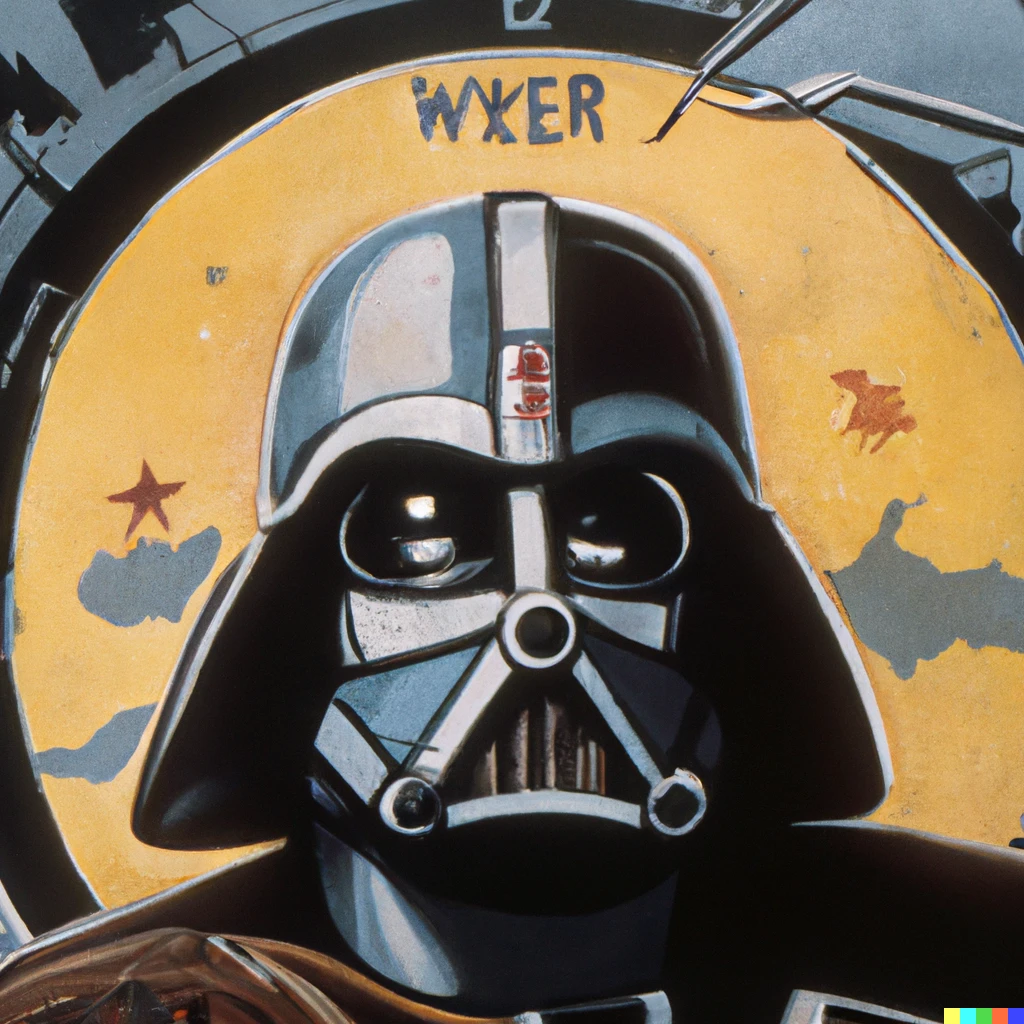 Prompt: 1944 color photo of painting of Darth Vader on a B-25 bomber