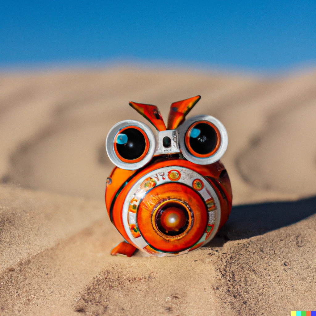Prompt: photo of a one-eyed orange and white bb8 alebrije on a barren sand dune