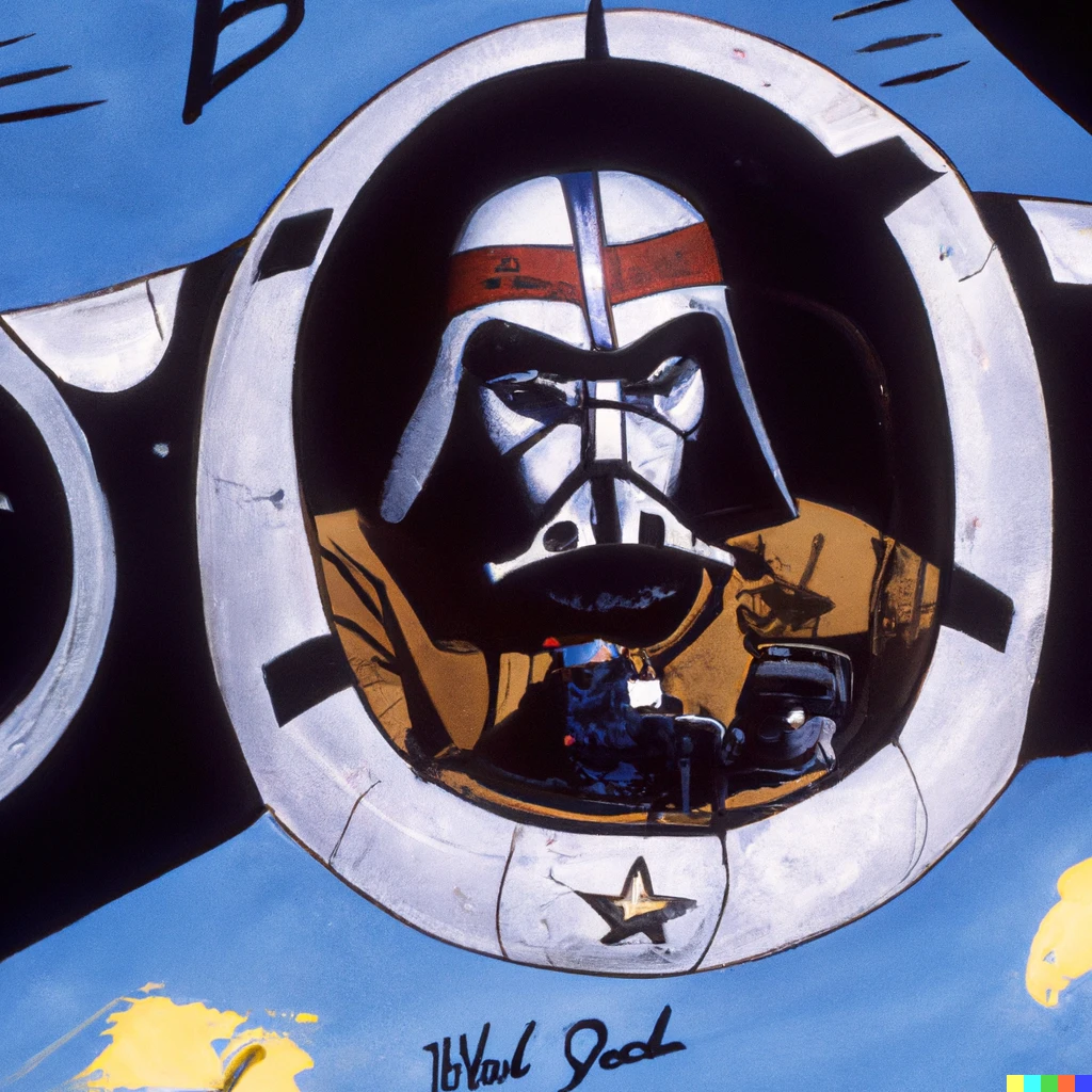 Prompt: 1944 color photo of painting of Darth Vader on a B-25 bomber