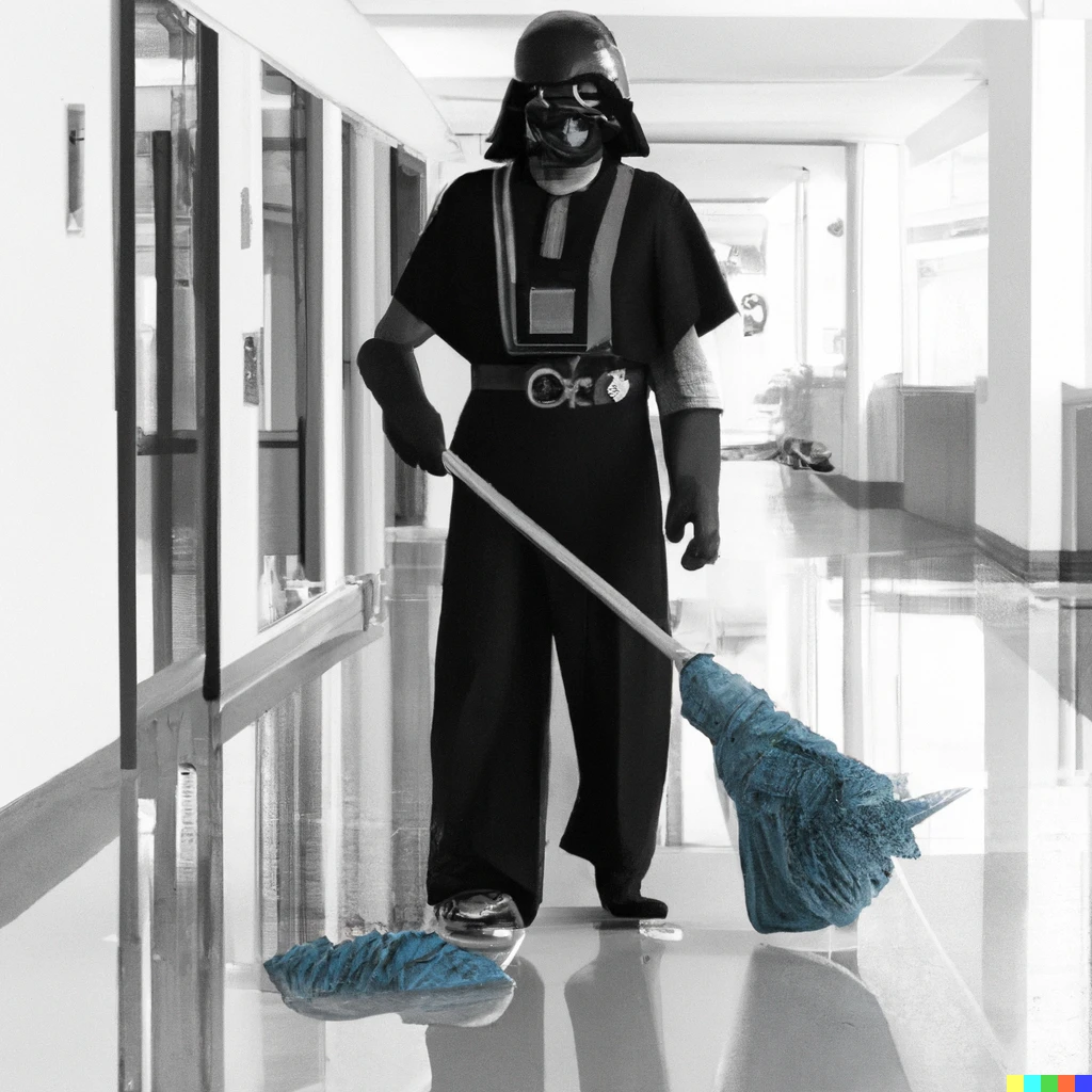 Prompt: photo of darth vader as a high school janitor mopping the school hallway floors