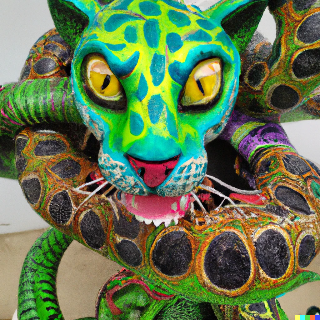 Prompt: photo of a jaguar alebrije with snakes coming from its shoulders