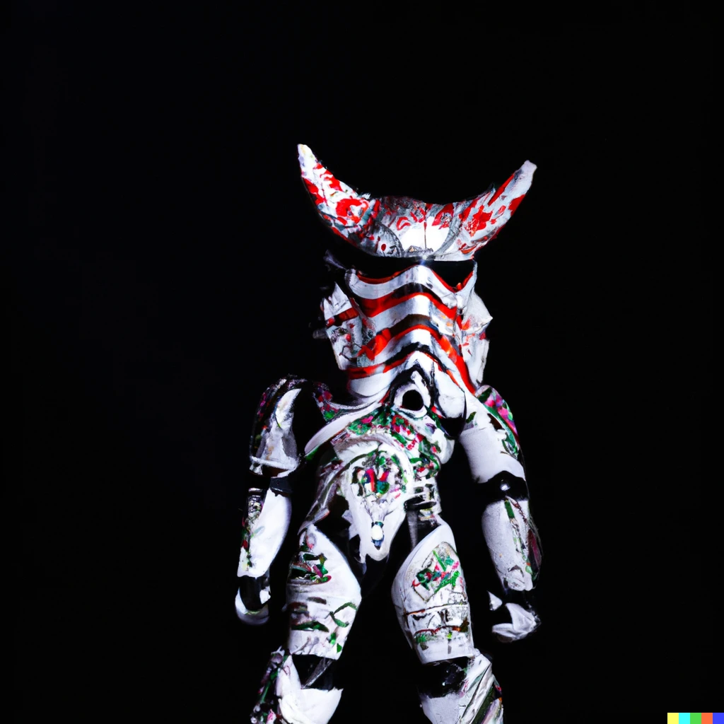 Prompt: photo of a stormtrooper alebrije against a dark backdrop