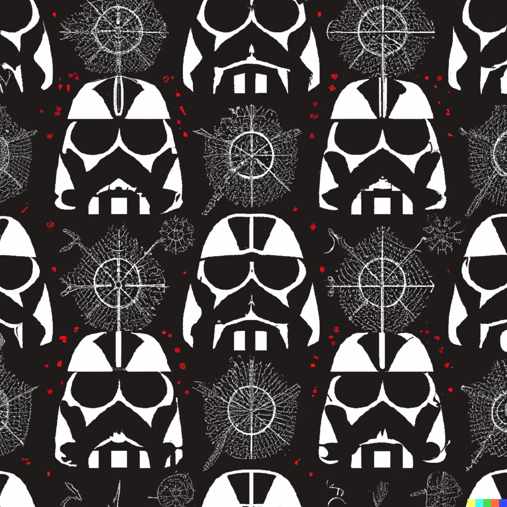 Prompt:  fabric pattern with the theme of tiki darth vader and tiki stormtroopers