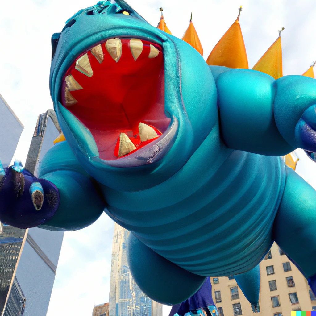 Prompt: a photo of a skyscraper-sized inflated tarrasque balloon float in the macy's thanksgiving parade